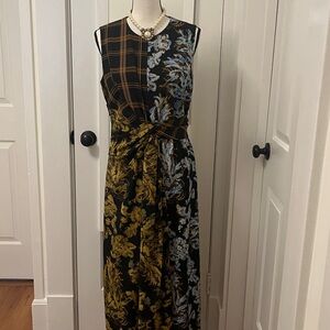 Lafayette 148 NY Maxi Dress Mixed Fabric Black Gold Blue Sleeveless Wrap Waist